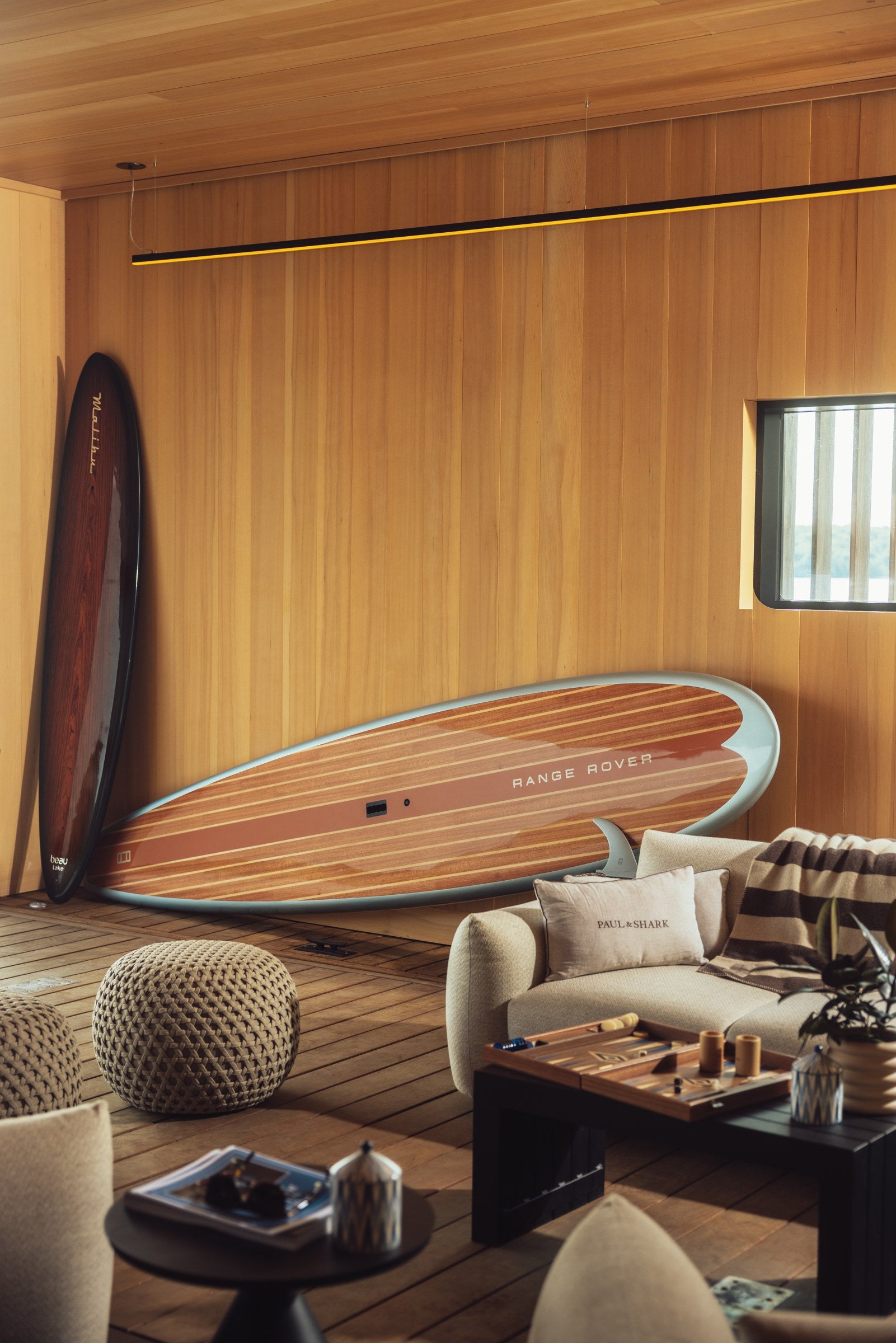Custom board in the Range Rover House boathouse